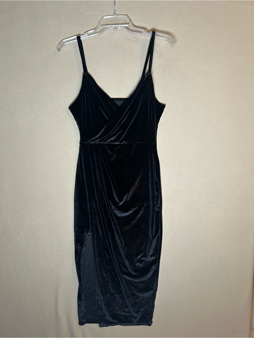 Velvet black dress. Wrap style with side slit. Spaghetti straps, V-neck. Medium